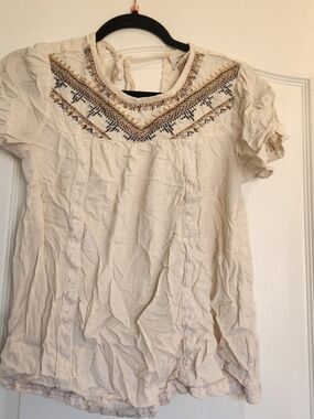 Knox Rose Cream Embroidered Boho Blouse with Navy & Tan Accents M Euc